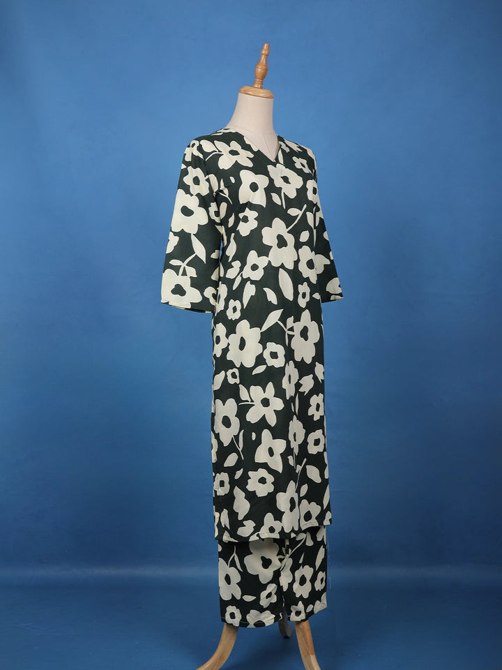 Dark Green Floral Printed Cotton Salwar Suit - Diadem