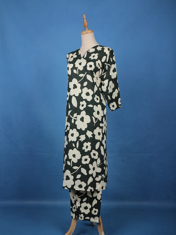 Dark Green Floral Printed Cotton Salwar Suit - Diadem
