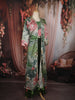 Dark Green Floral Printed Design Crepe Palazzo Suit with Long Over Coat