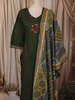 Dark Green Floral Thread and Mirror Embroidered Design Cotton Straight Cut Salwar Suit with Dupatta