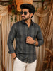 Dark Grey Checked Woven Design Pure Cotton Formal Wear Full Sleeve Men Shirt