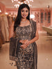 Dark Grey Floral Vine Zari Embroidered Design Tissue Silk Skirt Top Indo Western Lehenga with Matching Dupatta