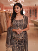 Dark Grey Floral Vine Zari Embroidered Design Tissue Silk Skirt Top Indo Western Lehenga with Matching Dupatta