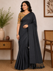 Dark Grey Solid Design Cotton Casual Wear Saree with Kalamkari Blouse