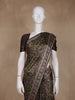 Dark Olive Green Floral Printed Tussar Saree with Contrast Geometric Striped Border