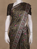 Dark Olive Green Floral Printed Tussar Saree with Contrast Geometric Striped Border