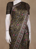 Dark Olive Green Floral Printed Tussar Saree with Contrast Geometric Striped Border