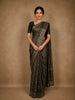 Dark Olive Green Floral Printed Tussar Saree with Contrast Geometric Striped Border