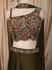 Dark Olive Green Floral Sequins and Thread Embroidered Design Satin Lehenga with Choker Dupatta