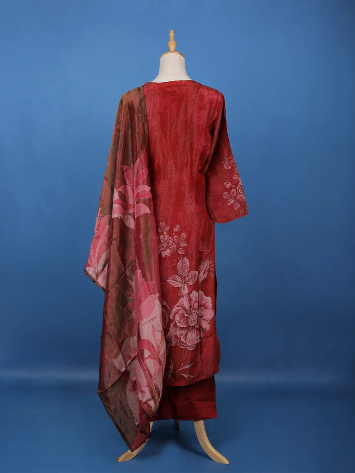 Dark Pink Floral Designed Silk Salwar Suit - Diadem