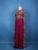 Dark Pink Floral Embroidered Satin Crop Top with Draped Skirt