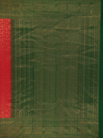 Dark Pink Floral Woven Pure Kanchipuram Silk Saree With Contrast Green Border - Diadem