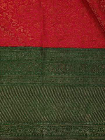 Dark Pink Floral Woven Pure Kanchipuram Silk Saree With Contrast Green Border - Diadem