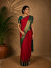 Dark Pink Stripes Woven Semi Silk Saree with Contrast Green Zari Border