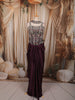Dark Plum Purple Paisley Sequins and Beads Embroidered Design Holographic Indo Western Draped Skirt Corset Top with Choker Dupatta
