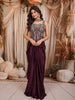 Dark Plum Purple Paisley Sequins and Beads Embroidered Design Holographic Indo Western Draped Skirt Corset Top with Choker Dupatta