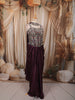 Dark Plum Purple Paisley Sequins and Beads Embroidered Design Holographic Indo Western Draped Skirt Corset Top with Choker Dupatta