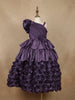 Dark Purple 3D Floral Layered One-Shoulder Satin Kids Gown