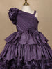 Dark Purple 3D Floral Layered One-Shoulder Satin Kids Gown