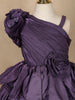 Dark Purple 3D Floral Layered One-Shoulder Satin Kids Gown