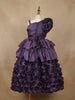 Dark Purple 3D Floral Layered One-Shoulder Satin Kids Gown