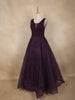 Dark Purple Beads Embellished Design Net Ball Gown with Sleeveless Shoulder Tassel Design