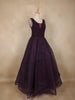 Dark Purple Beads Embellished Design Net Ball Gown with Sleeveless Shoulder Tassel Design