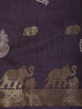 Dark Purple Elephant Motif Zari Woven Design Mixed Cotton Saree with Zari Border