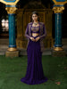 Dark Purple Floral Beads and Zardozi Embroidered Design Satin Party Wear Jacket Style Saree with Stitched Blouse