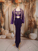 Dark Purple Floral Beads and Zardozi Embroidered Design Satin Party Wear Jacket Style Saree with Stitched Blouse