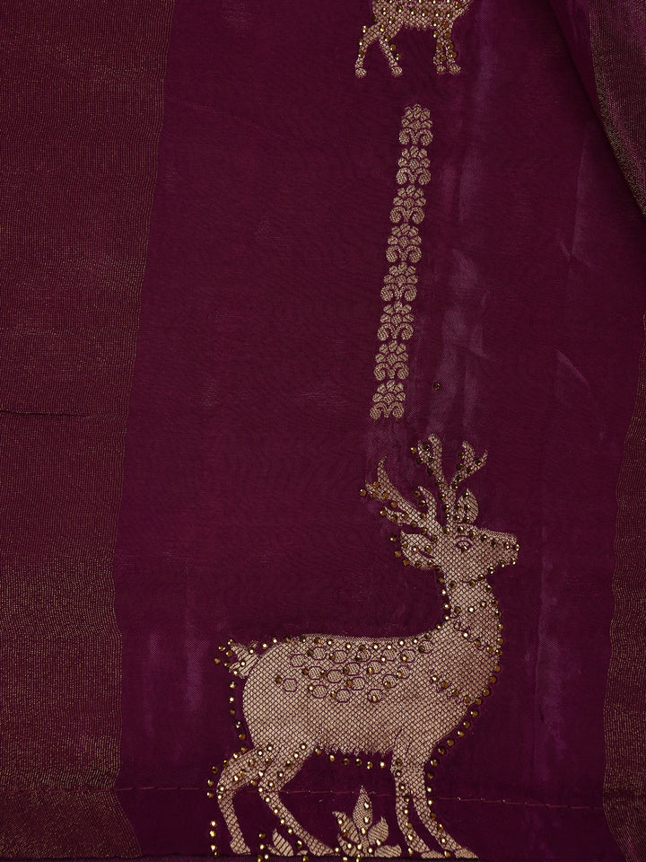 Dark Purple Deer Motif Semi Tussar Saree - Diadem