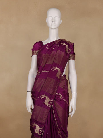Dark Purple Deer Motif Semi Tussar Saree - Diadem