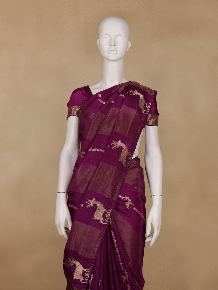 Dark Purple Deer Motif Semi Tussar Saree - Diadem