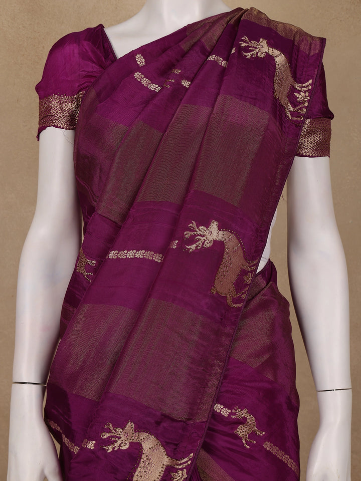 Dark Purple Deer Motif Semi Tussar Saree - Diadem
