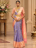 Dark Purple Floral Leaf Vine Zari Woven Design Pure Kanchipuram Silk Saree with Contrast Pink Double Zari Border