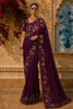 Dark Purple Floral Sequins Embroidered Design Pure Organza Saree with Designer Border
