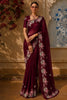 Dark Purple Floral Sequins and Thread Embroidered Design Pure Tussar Saree with Floral  Border
