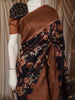 Dark Purple Floral Vine Printed Design Pure Tussar Silk Fancy Saree with Contrast Zari Border