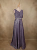 Dark Purple Glitter Design Net Party Wear Gown with Waist Belt