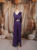 Dark Purple Heavy Thread and Mirror Embroidered Design Crepe Party Wear Palazzo Suit with Matching Draped Dupatta