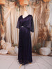 Dark Purple Metallic Shimmer Pleated A-Line Party Wear Gown with Cape Sleeves