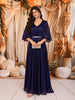 Dark Purple Metallic Shimmer Pleated A-Line Party Wear Gown with Cape Sleeves