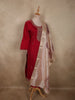 Dark Red Floral Embroidered Design Organza Salwar Suit with Contrast Dupatta