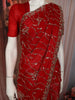 Dark Red Floral Vine Sequins Embroidered Design Crepe Silk Fancy Saree with Scalloped Border