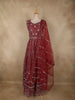 Dark Red Mirror and Zari Embroidered Design Net Gown with Dupatta