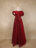 Dark Red Sequins Embellished Design Net Mermaid Gown with 3D Draped Shoulder Design