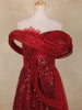 Dark Red Sequins Embellished Design Net Mermaid Gown with 3D Draped Shoulder Design