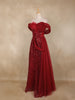 Dark Red Sequins Embellished Design Net Mermaid Gown with 3D Draped Shoulder Design
