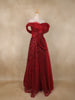 Dark Red Sequins Embellished Design Net Mermaid Gown with 3D Draped Shoulder Design