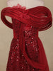 Dark Red Sequins Embellished Design Net Mermaid Gown with 3D Draped Shoulder Design